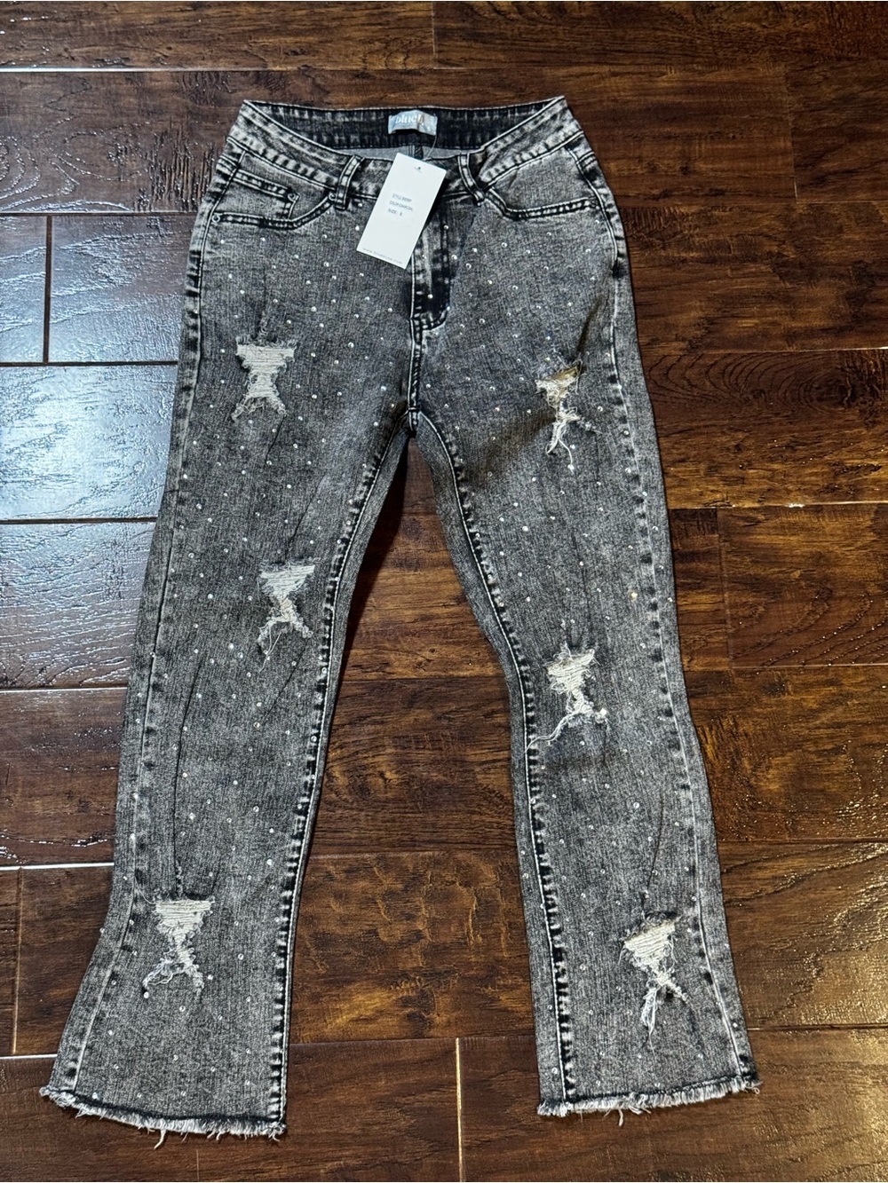 NWT Blue B Grey Acid Wash Distressed Jeans Embellished Rhinestones Size Small